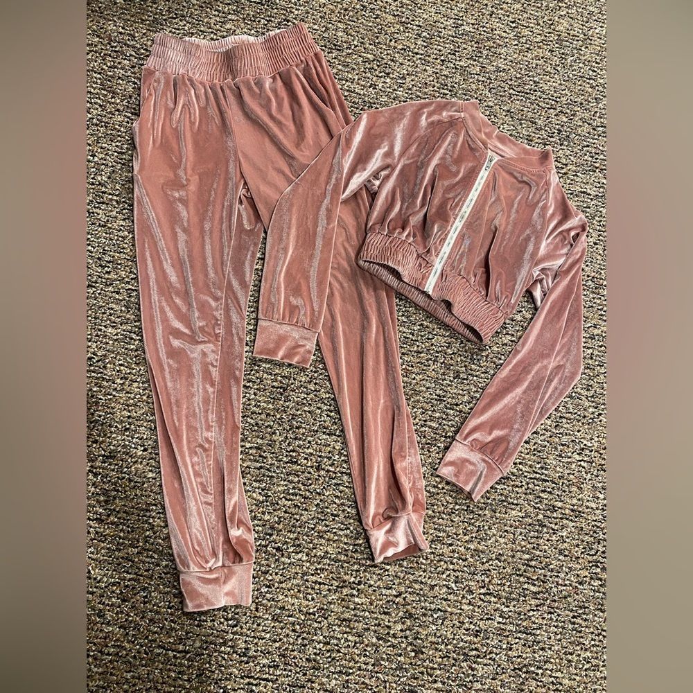 2 piece Pink Velour Tracksuit Zip Up Hoodie Velvet Jogging Sweatsuit